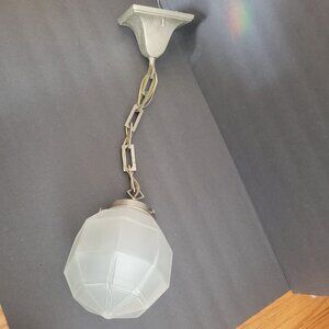 Vintage Art Deco Rejuvenation Pendant Light With Frosted Glass Shade & Metal Cha